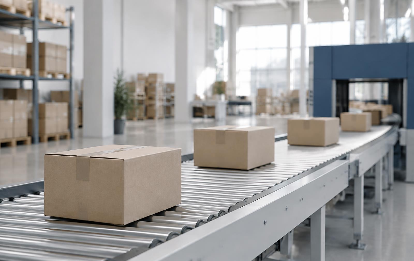 Parcels moving along a conveyor in a modern fulfilment centre