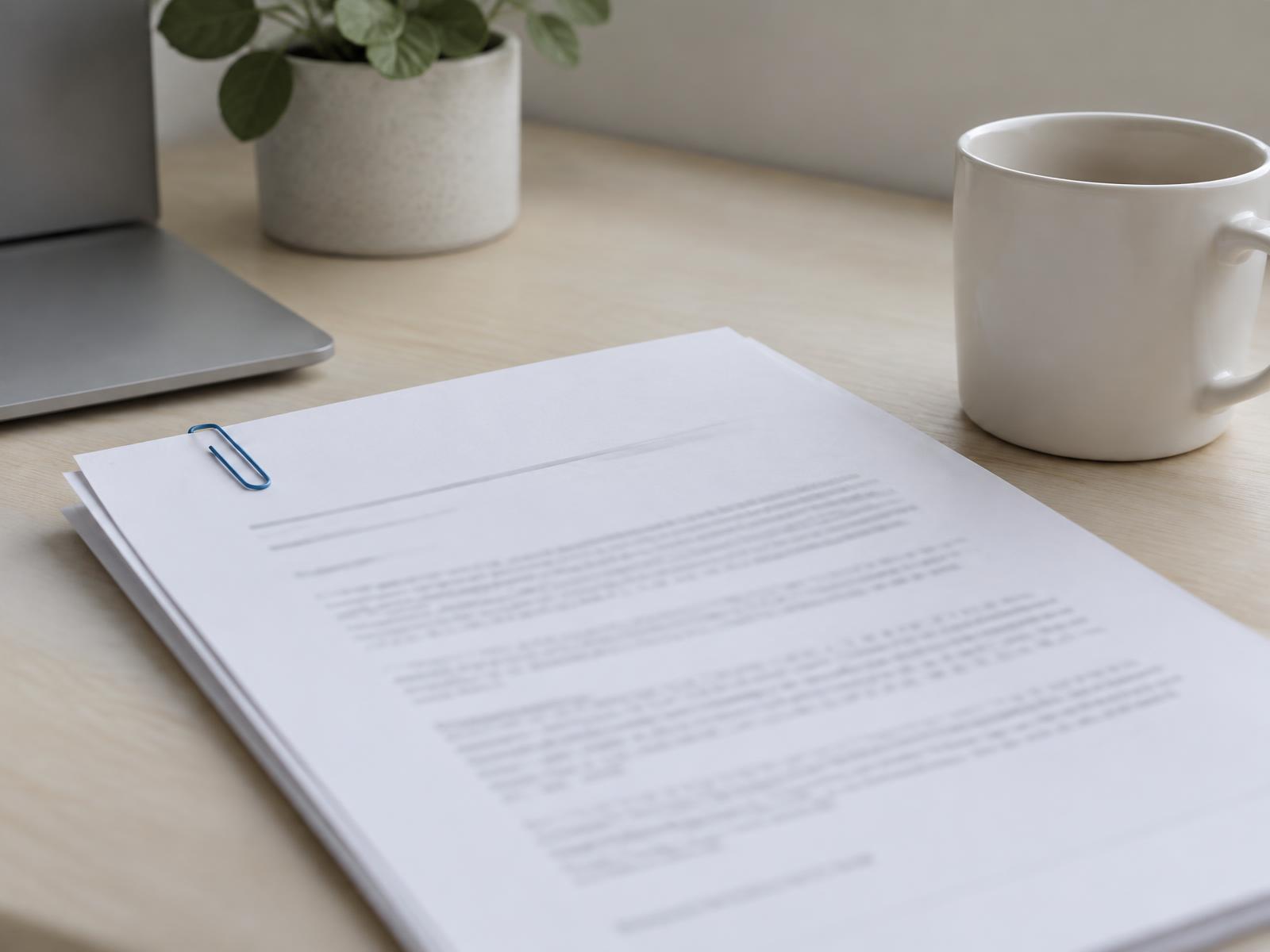 A printed supplier contract held by a blue paperclip on a light desk