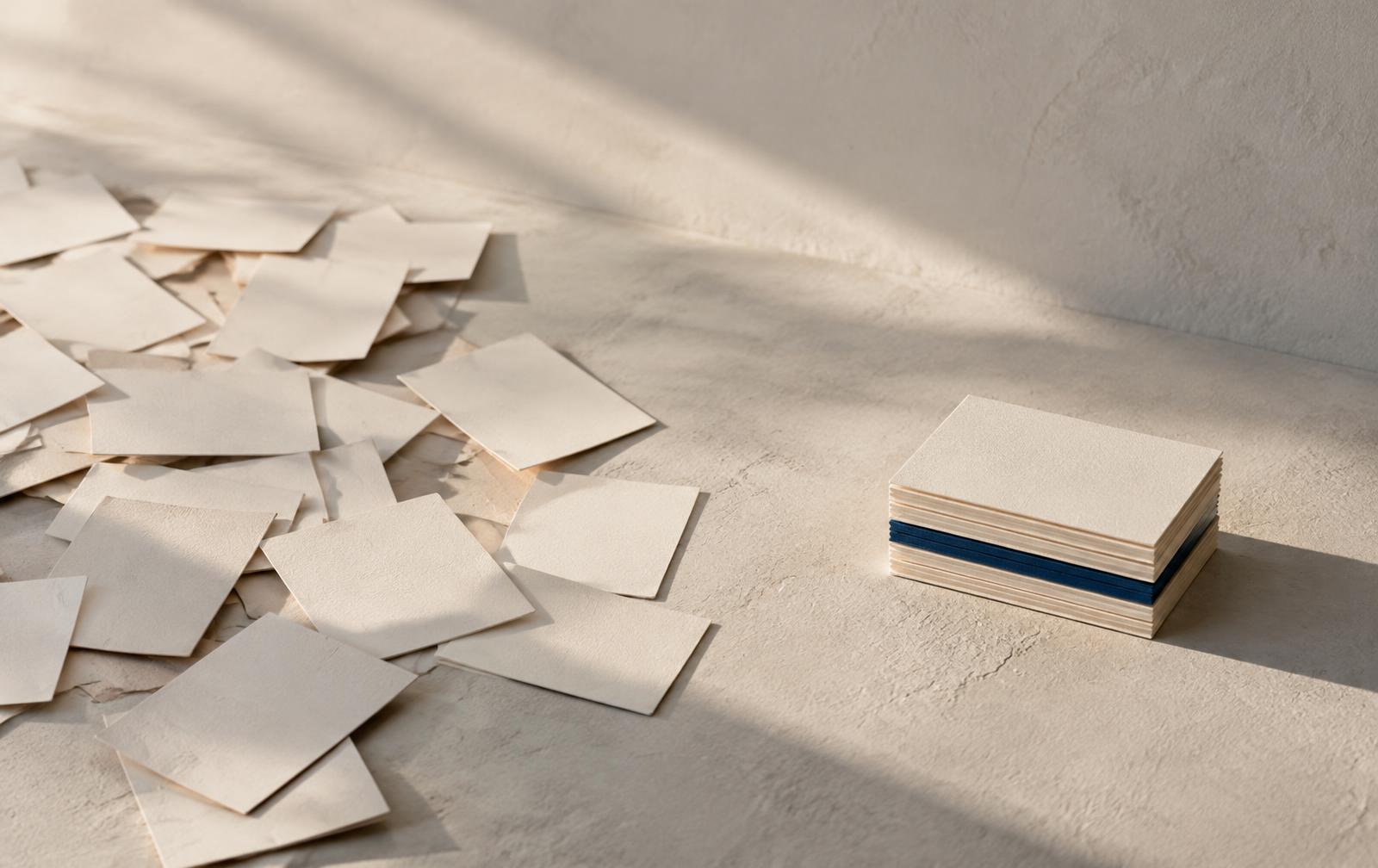 Scattered paper cards on the left resolving into one neat stack on the right