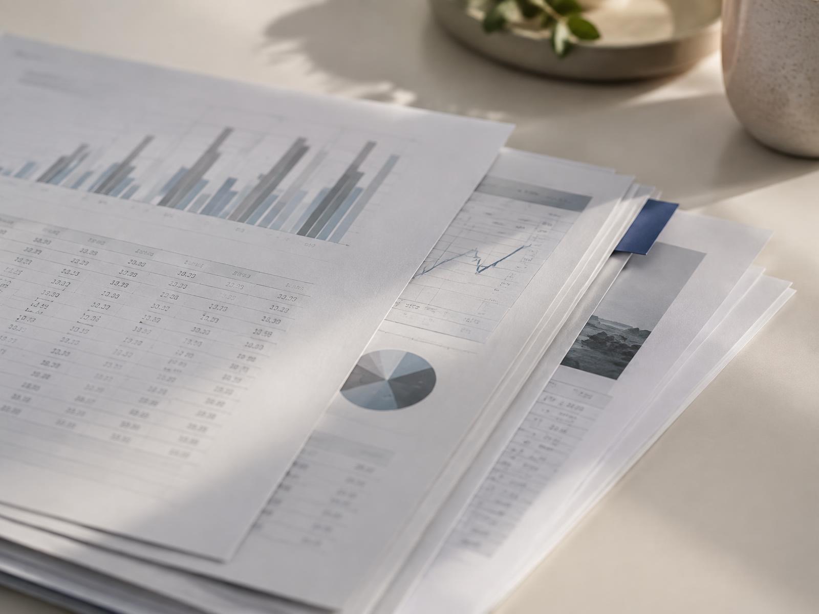 A stack of printed financial reports with one page marked by a blue tab